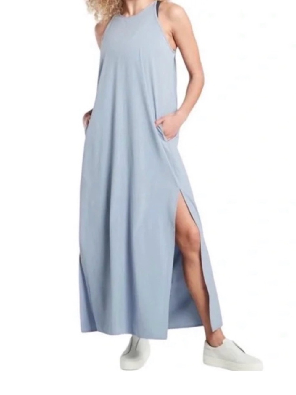 Athleta Light Blue Sleeveless Maxi Dress with Side Slit and Pockets NWT